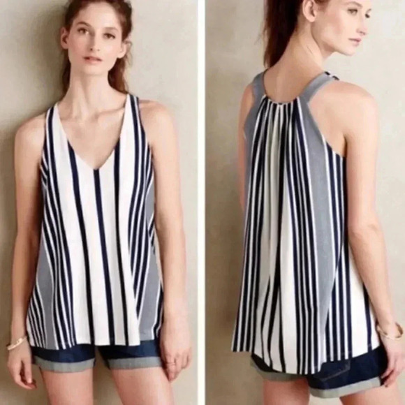 Anthropologie Tops - Anthropologie puella XS Navy Blue White Striped Swing Tank Top V Neck Stretch